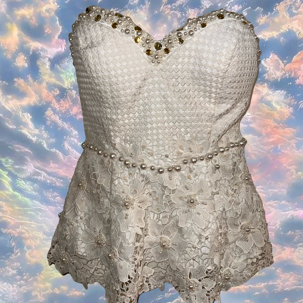 Vintage Lipline Fairy Corset Top | Lace, Pearls, Lace-Up Back